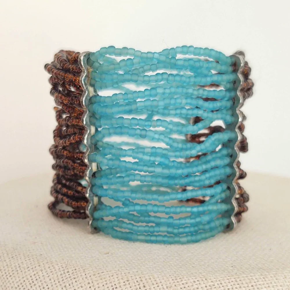 Blue and brown seed bead wide stretch bracelet